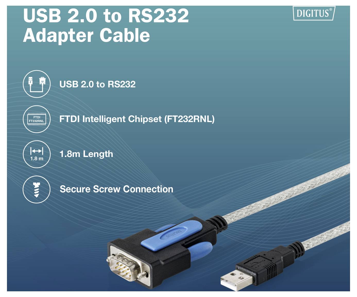 Câble adaptateur Digitus USB 2.0 vers RS232, longueur 1,8 m, avec chipset FTDI FT232RNL et connexion à vis sécurisée.