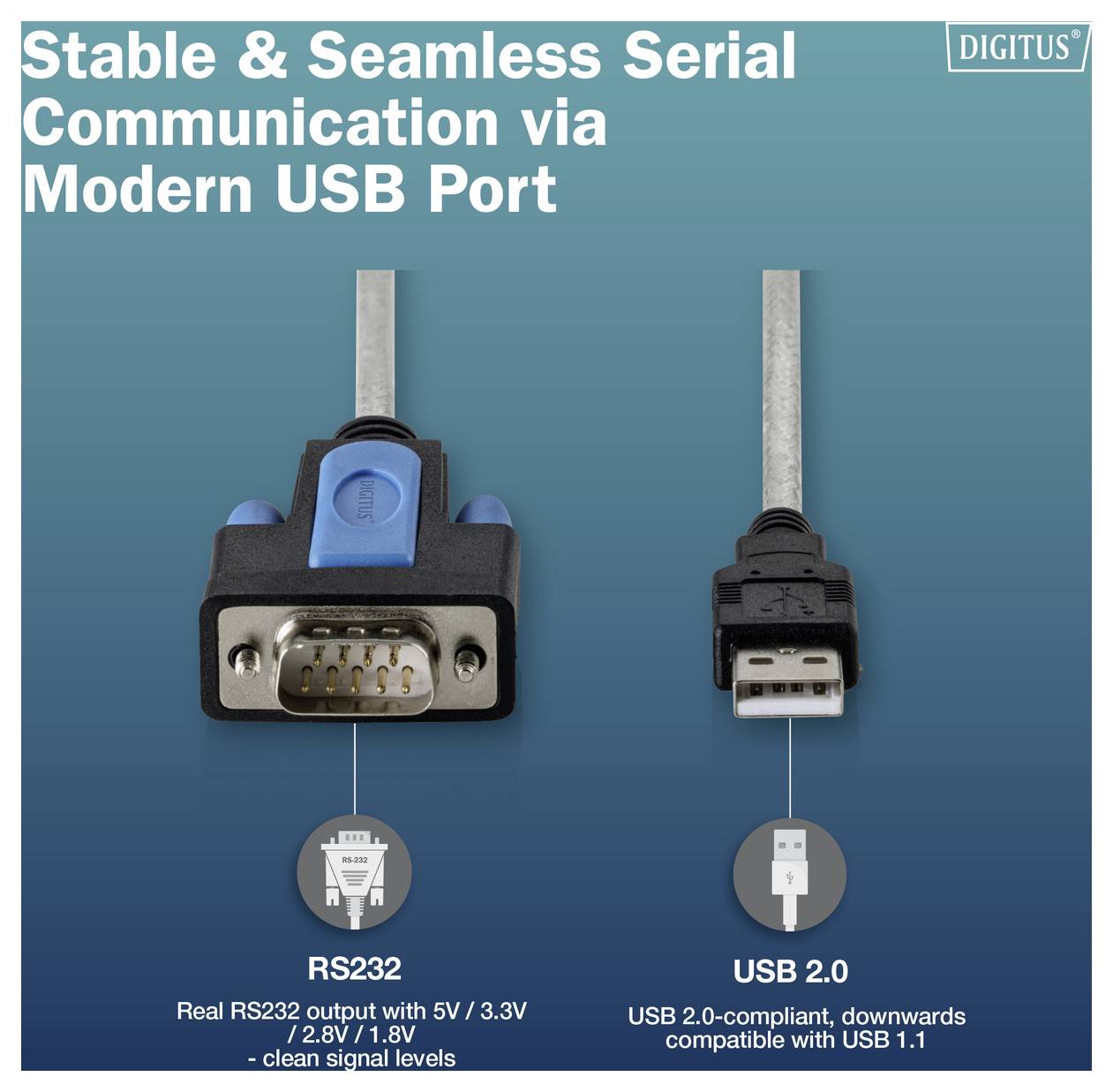 Graphique promotionnel montrant un adaptateur de port série RS232 connecté via un port USB moderne ; le texte indique « Communication série stable et transparente via port USB moderne » et affiche les étiquettes RS232 et USB 2.0.