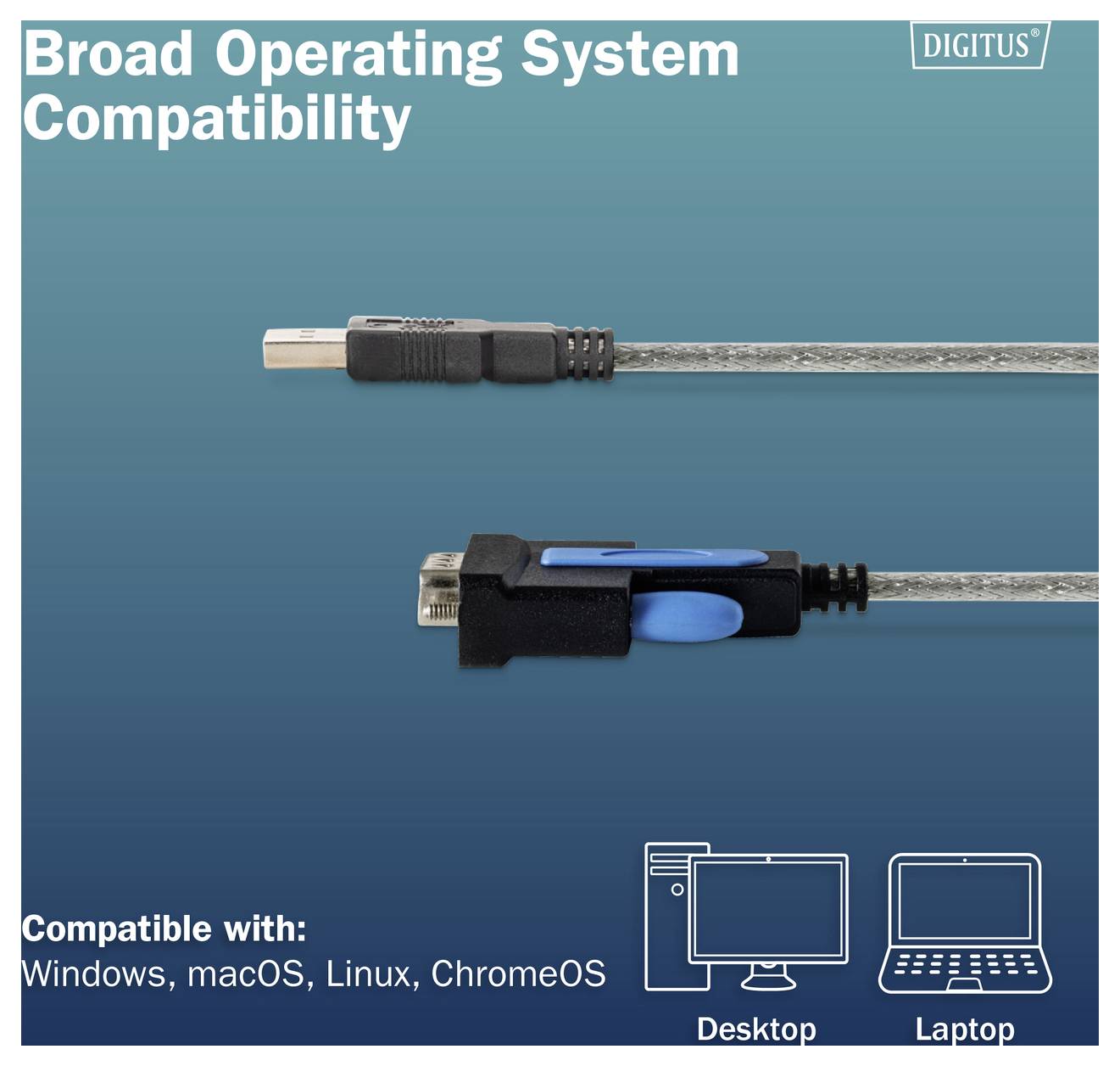 Graphique promotionnel pour câble Digitus montrant « Compatibilité large avec les systèmes d'exploitation » et compatible avec Windows, macOS, Linux et ChromeOS, avec des icônes de bureau et d'ordinateur portable.