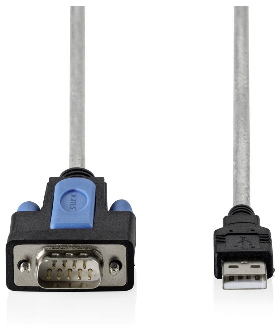 Deux connecteurs de câble affichés côte à côte : un connecteur série DB9 à gauche et une prise USB à droite.