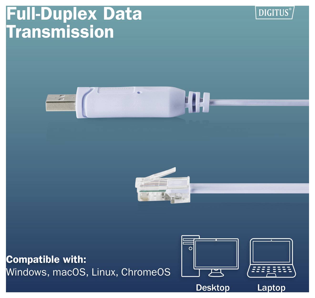 Graphique produit montrant un adaptateur USB et une prise Ethernet étiquetés « Transmission de données Full-Duplex », compatible avec Windows, macOS, Linux, ChromeOS, ordinateurs de bureau et ordinateurs portables.