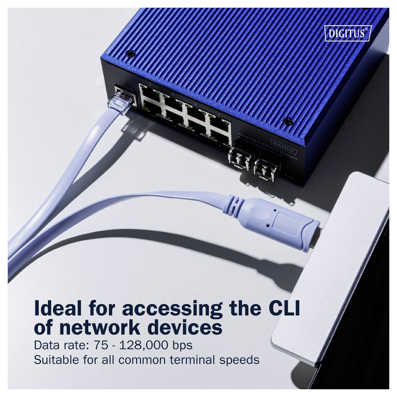 Appareil réseau Digitus avec câble Ethernet et connecteur terminal, étiqueté « Idéal pour accéder à l'interface CLI des appareils réseau » et « Débit de données : 75 - 128 000 bps ».