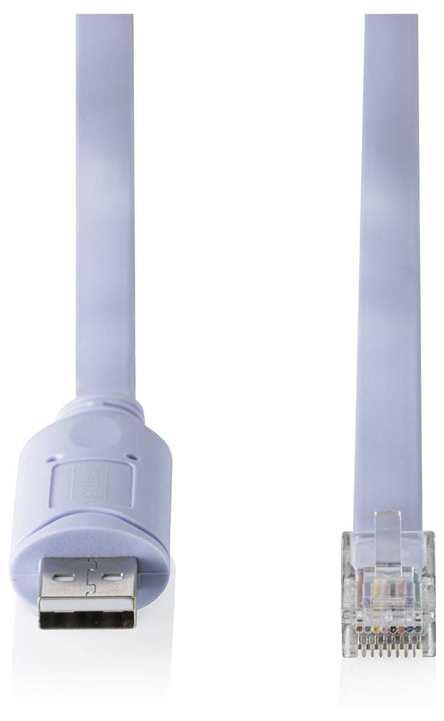 Câble Ethernet bleu avec connecteur USB à une extrémité et connecteur réseau RJ45 à l'autre extrémité, présenté sur un fond blanc.