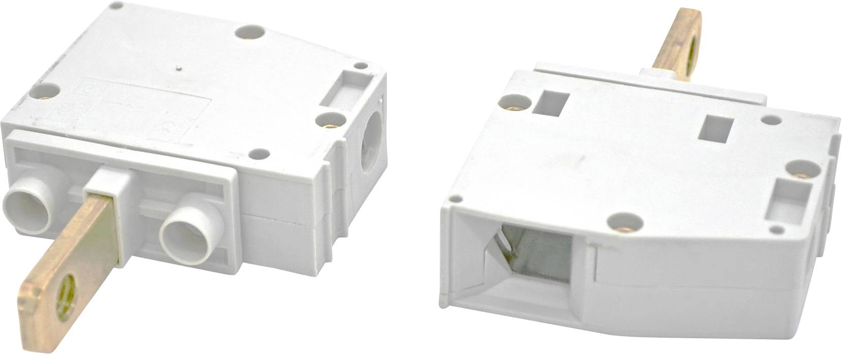 Deux vues d'un petit boîtier de commutateur électrique blanc avec un levier/terminal métallique saillant.