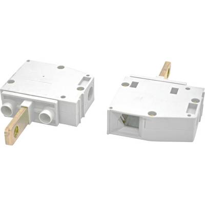 Deux vues d'un petit boîtier de commutateur électrique blanc avec un levier/terminal métallique saillant.