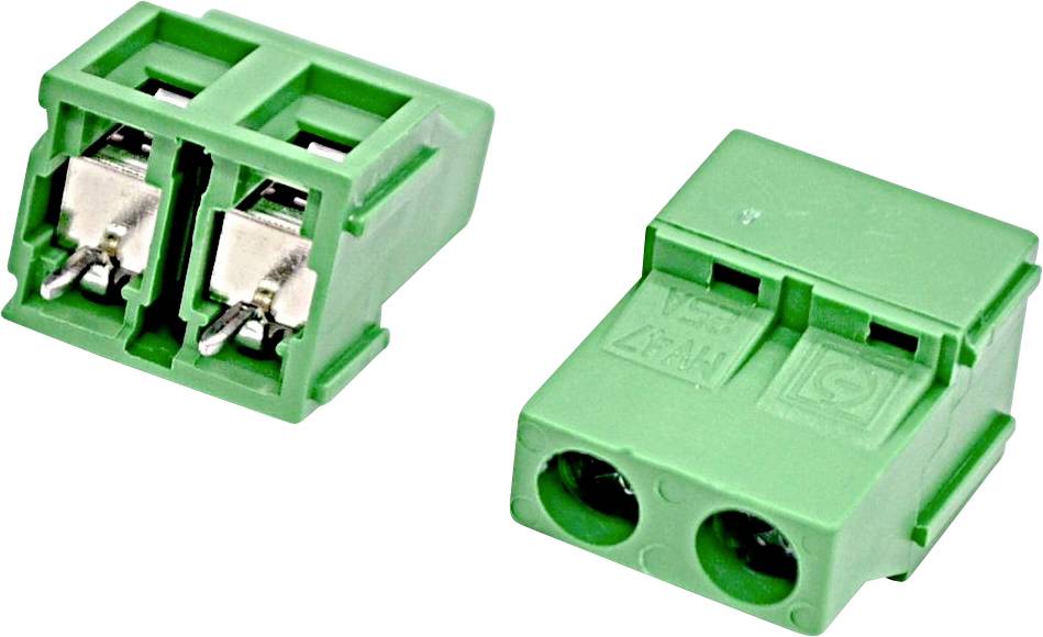 Connecteur de fil électrique à deux broches vert montré vues de face et de dos