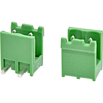 Connecteur électrique vert à deux broches montré en vues de face et de dos sur fond blanc.