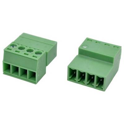 Deux fiches de connecteur électrique rectangulaires vertes présentées côte à côte, chacune avec plusieurs ouvertures de prise et bornes à vis.