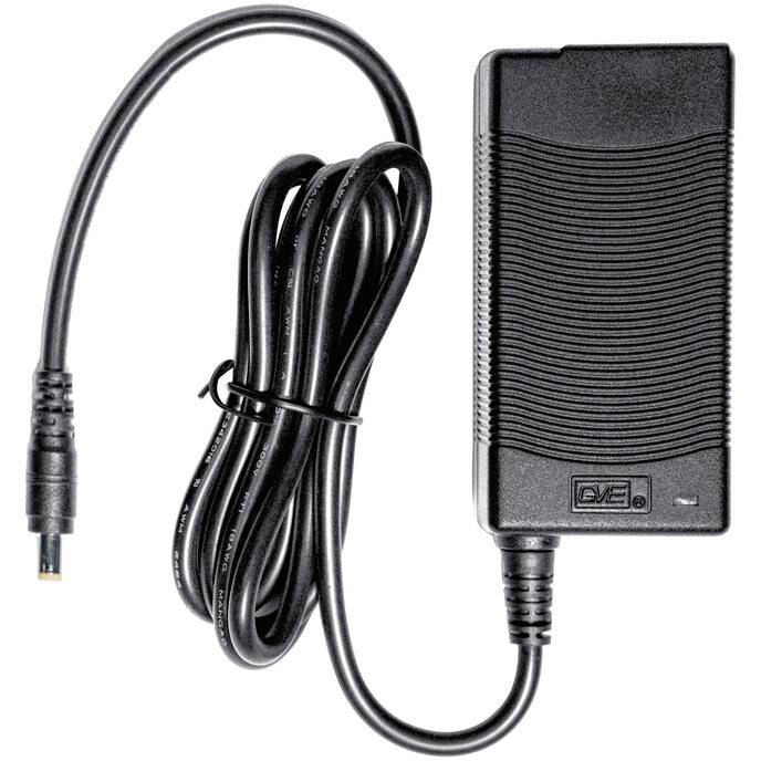 Adaptateur secteur CA noir avec câble attaché et prise sur fond blanc.