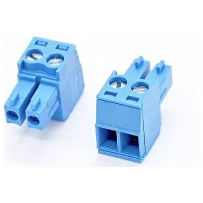 Deux vues d'un bloc de connecteur électrique à deux broches de couleur verte, montrant les ouvertures de socket avant et les broches de plug métalliques arrière.