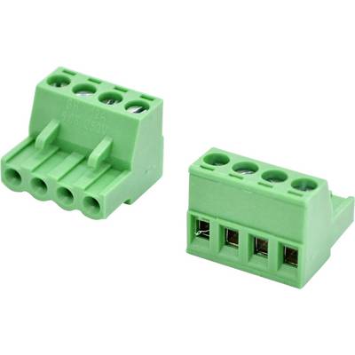 Deux blocs de connecteurs à bornes à vis à quatre broches verts sur un fond blanc, présentés sous des angles légèrement différents.