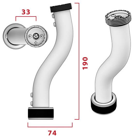 Dessin technique d'un assemblage de tuyau ou tuyauterie courbe, montrant les vues de face et de côté avec les dimensions 190, 74 et 33 marquées en rouge.