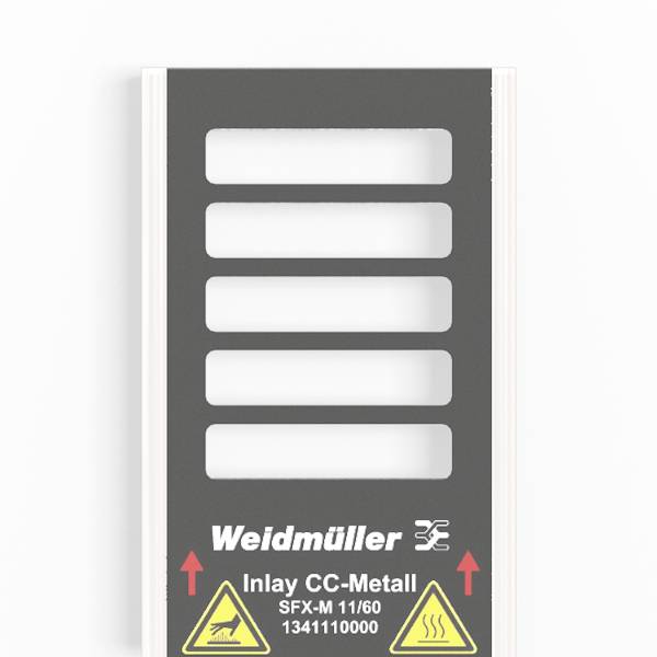 Étiquette Weidmuller Inlay CC-Metal avec cinq emplacements blancs vierges et symboles d'avertissement, utilisée pour l'identification des câbles ou de l'équipement.