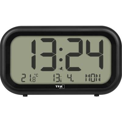 Affichage de réveil numérique montrant 13:24, 21,8°C et lundi, avec marquage TFA.