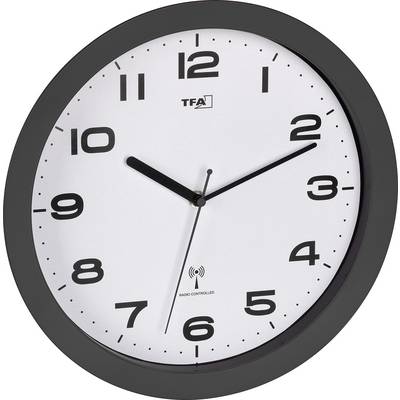 Horloge murale analogique avec cadre noir et cadran blanc affichant environ 10h10 ; petit logo « TFA » et texte « contrôlée par radio ».
