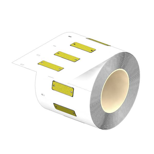 Rouleau d'étiquettes adhésives blanches avec des marqueurs rectangulaires jaunes sur un rouleau de support.
