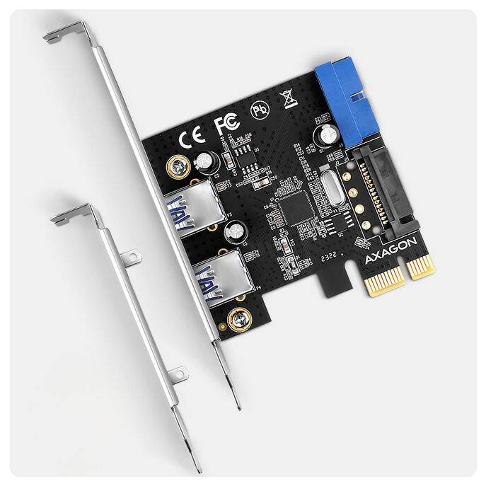 Carte d'extension PCIe avec ports USB doubles, présentée avec son support métallique attaché, probablement pour ajouter une connectivité USB à un ordinateur.