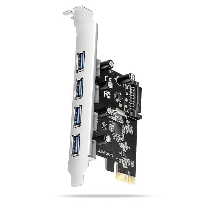 Carte d'expansion PCIe avec quatre ports USB 3.0 bleus et marquage Axagon sur une carte de circuit imprimé noire.