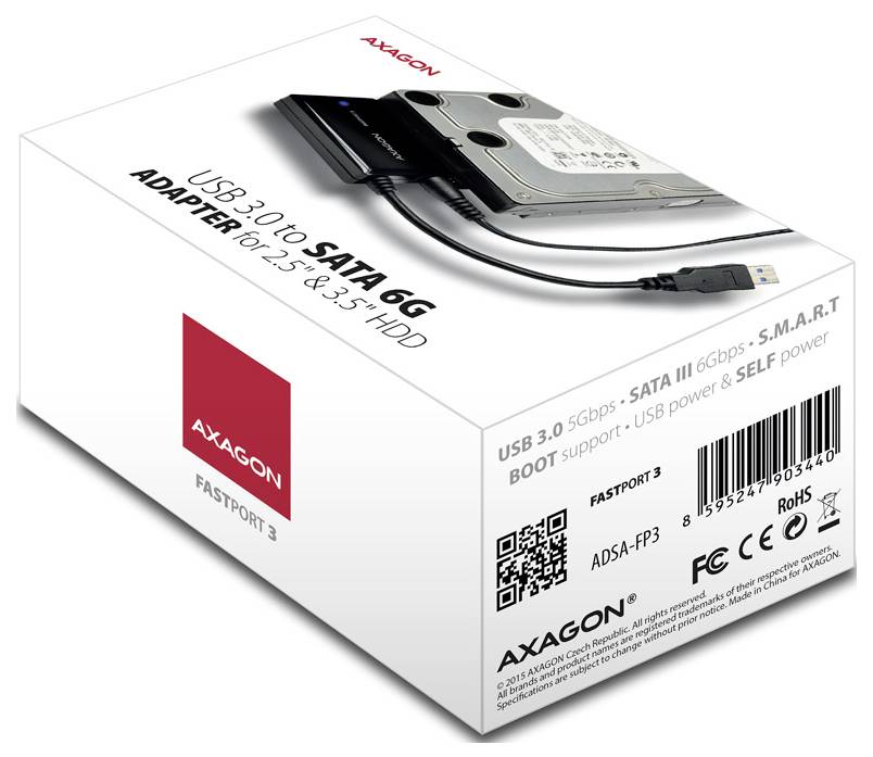 Boîtier adaptateur AXAGON USB 3.0 vers SATA 6G pour disques durs 2,5 et 3,5 pouces, montrant le câble, le lecteur et les étiquettes de produit.