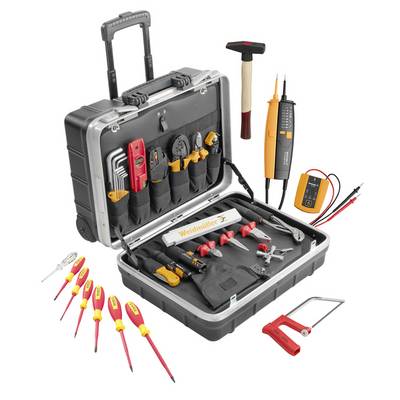 Mallette d'outils d'électricien ouverte avec outils à main isolés, multimètre, câbles de test, marteaux et tournevis disposés autour.