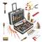 Mallette d'outils portative avec assortiment d'outils manuels, incluant des marteaux, des tournevis, des pinces, des dénude-câbles, une règle, un niveau, un multimètre, un mètre à ruban, et une scie.