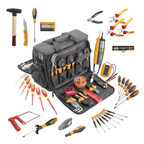 Ensemble d'outils d'électricien dans un sac de transport noir avec pinces, tournevis, dénude-câbles, multimètre, stylos de test, marteau, scie, mètres à ruban et embouts
