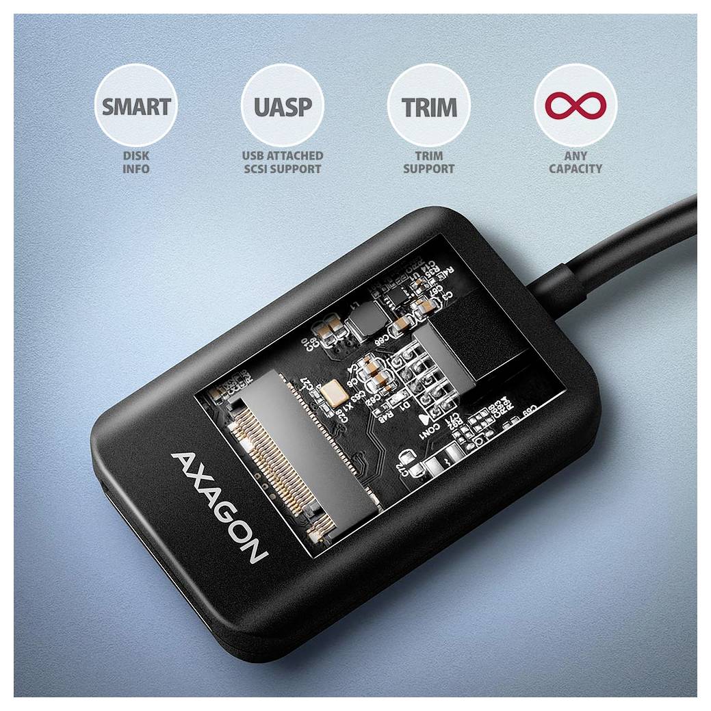 Boîtier SSD externe AXAGON avec circuit imprimé visible, présenté avec des icônes pour les informations SMART du disque, UASP, support TRIM et support de toute capacité.