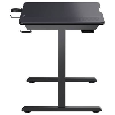 Bureau debout noir présenté en vue latérale avec plateau ajustable en hauteur, colonne de support centrale et base en forme de T sur fond blanc.