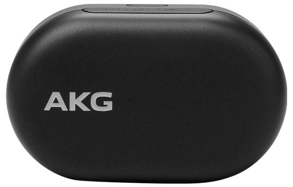 Boîtier de charge pour écouteurs sans fil AKG noirs avec logo sur l'avant.