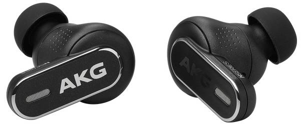 Deux écouteurs sans fil AKG noirs présentés sous différents angles sur un fond blanc.