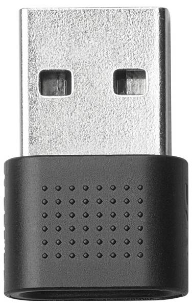 Gros plan d'un adaptateur USB-A ou dongle avec une base en plastique noir et un connecteur en métal argenté