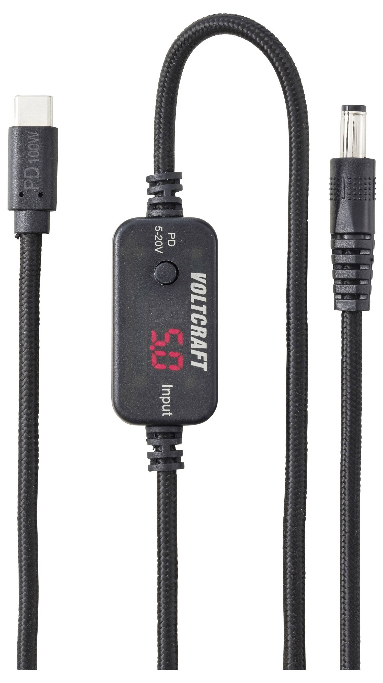 Câble d'alimentation USB-C vers CC avec afficheur de tension intégré affichant 5,0, marque VOLTCRAFT, avec connecteur USB-C et embouts connecteur à baril