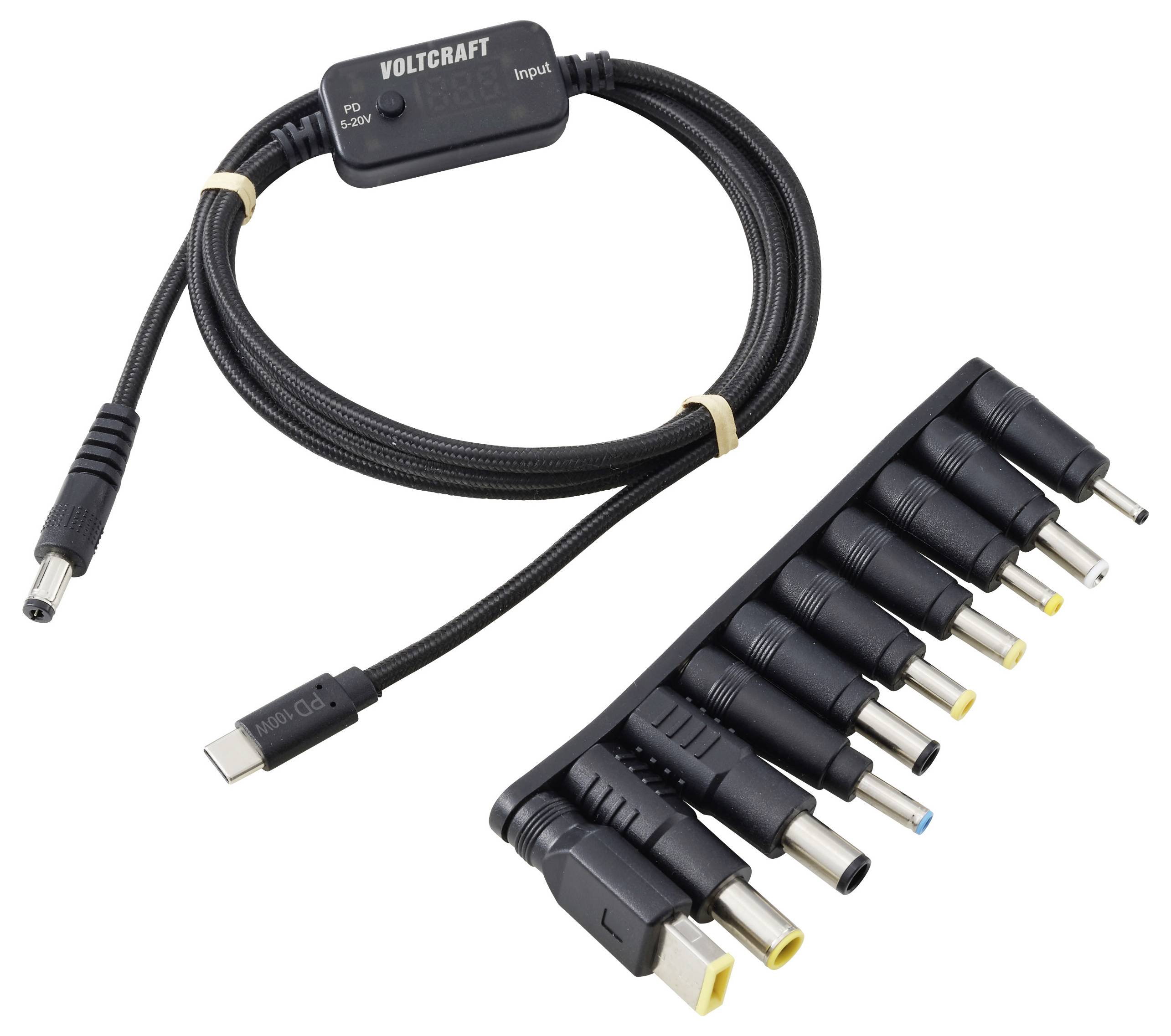 Câble de charge USB-C vers ordinateur portable avec un kit d'adaptateur 9 connecteurs, présenté avec plusieurs embouts d'alimentation interchangeables et une étiquette de tension sur le module intégré.