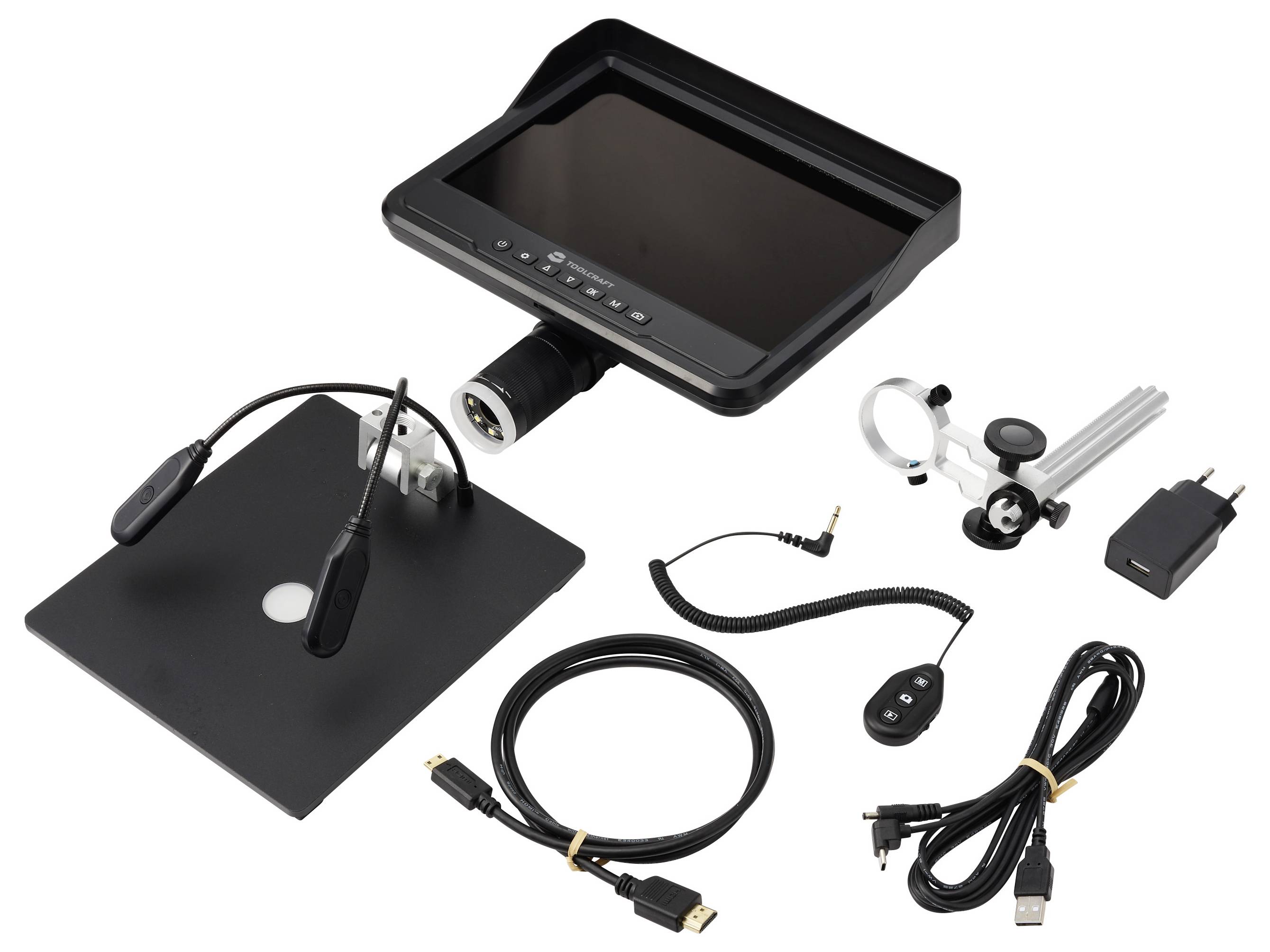 Un kit de microscope d'inspection numérique avec un écran, un support réglable, une caméra, des câbles, une télécommande et un adaptateur secteur.