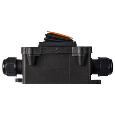 Boîtier de jonction pour câble électrique en plastique noir avec des presse-étoupe filetés des deux côtés et un capuchon rond orange et noir sur le dessus.