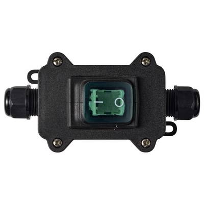 Interrupteur ou connecteur électrique noir en ligne avec bascule translucide verte marquée « I » et « O »