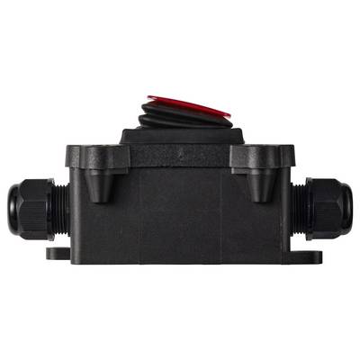 Boîte de jonction électrique noire intégrée avec presse-étoupe de câble des deux côtés et un capuchon rouge sur le dessus, montré sur un fond blanc.