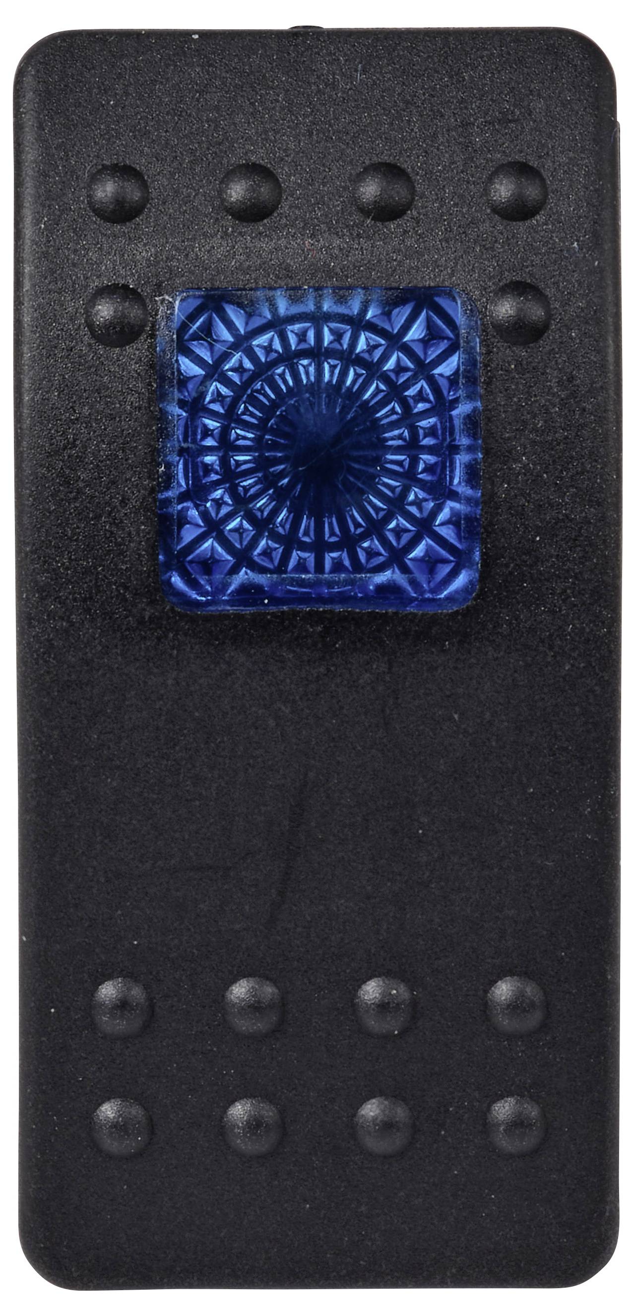 Appareil rectangulaire noir avec des points de préhension en relief et une lumière ou un bouton géométrique carré bleu au centre.