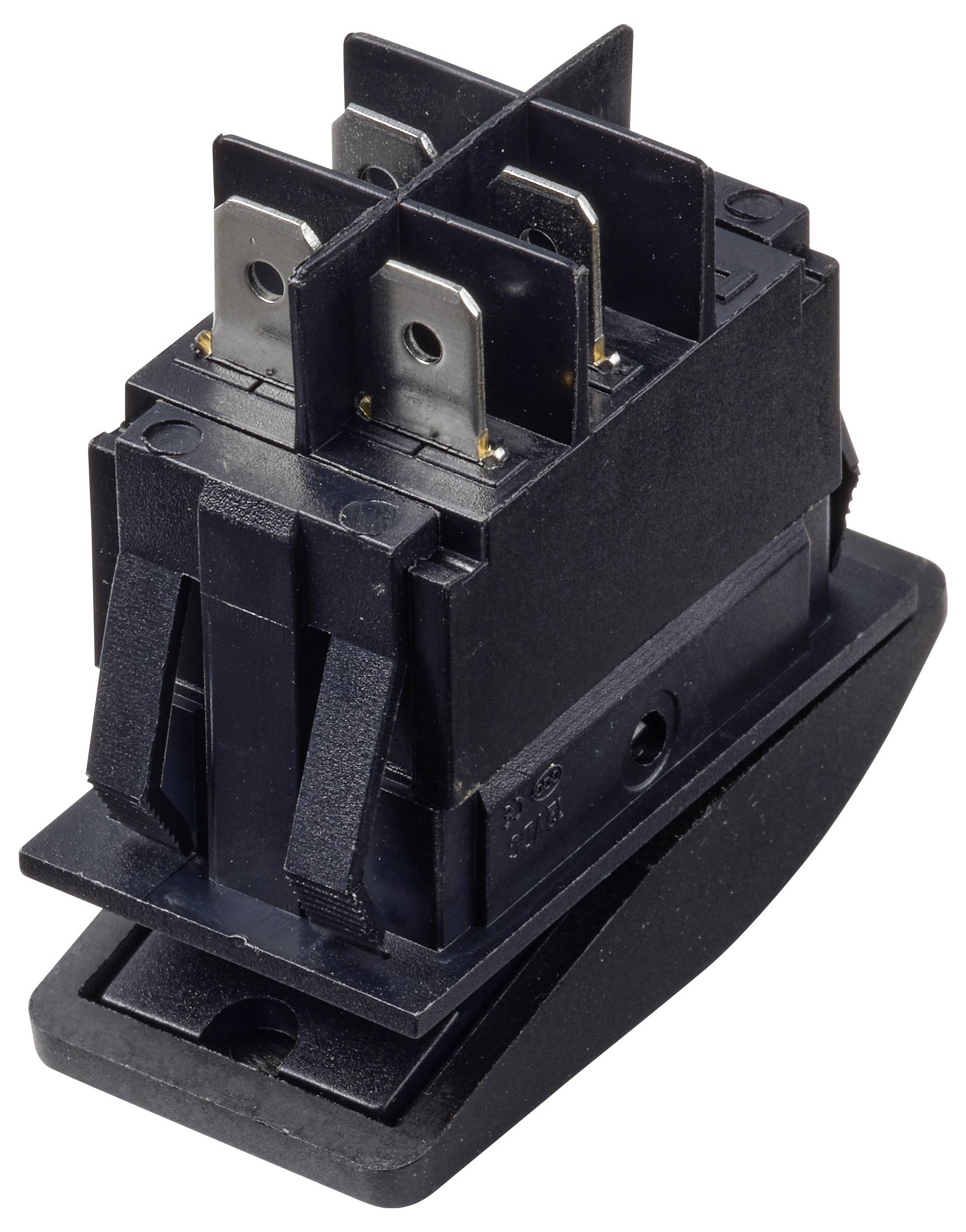 Relais électrique noir avec quatre bornes métalliques et une base de montage sur fond blanc.