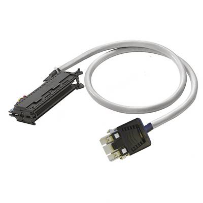 Câble informatique avec un grand connecteur noir à une extrémité et une petite fiche à l'autre, présenté sur un fond blanc.