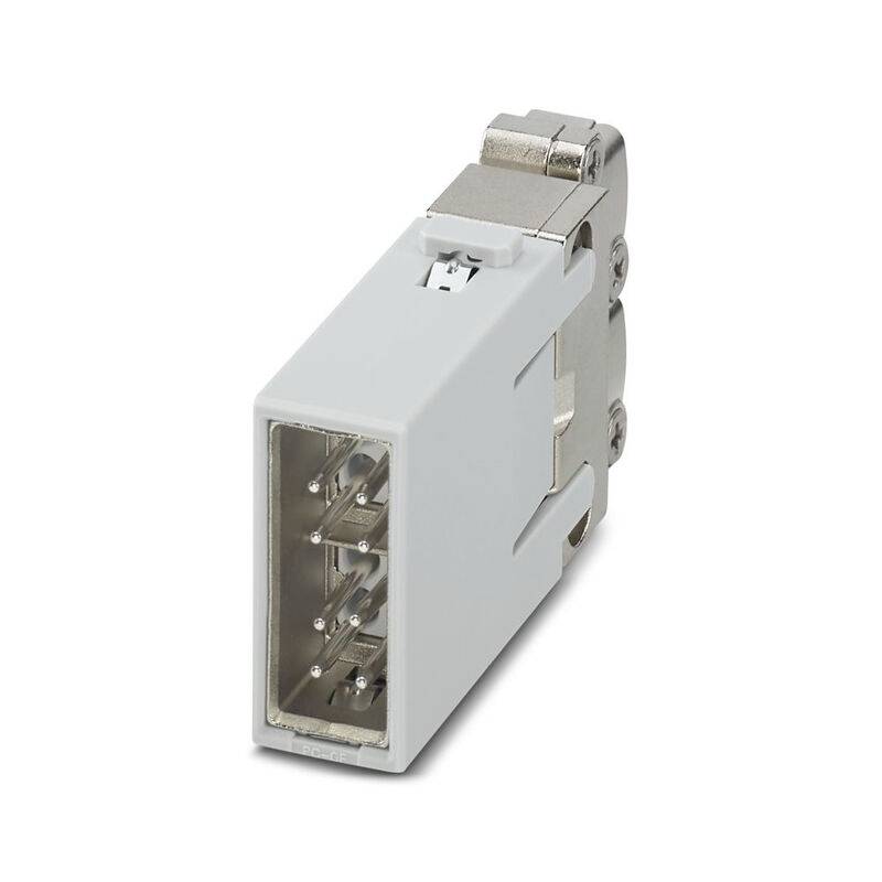 Module connecteur industriel blanc avec un support de montage métallique et des contacts de broches exposés, montré sur un fond neutre.