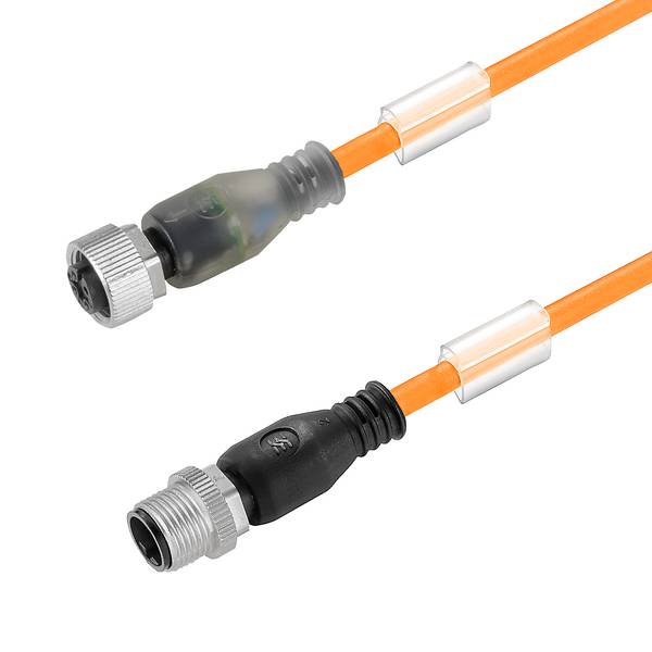 Deux câbles de capteur orange avec des connecteurs circulaires angulés, un gris et un noir, présentés sur fond blanc.