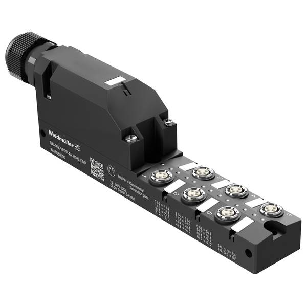 Module de connecteur de capteur industriel noir avec presse-étoupe câble et plusieurs ports métalliques circulaires sur fond blanc.