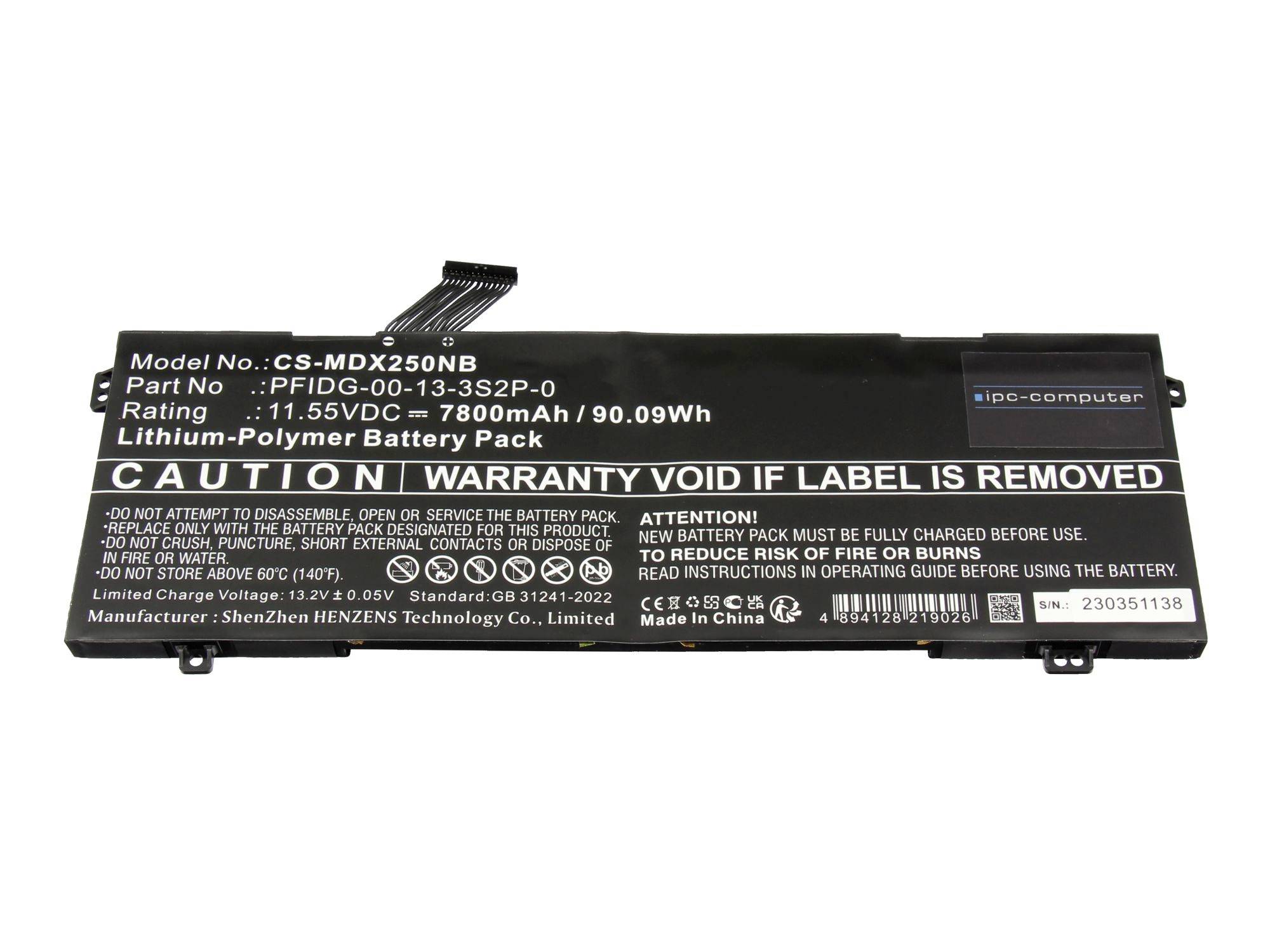 Pack de batterie de portable noir avec étiquette d'avertissement imprimée, modèle CS-MDX250NB, 11,55 V, 7800 mAh, 90,09 Wh.