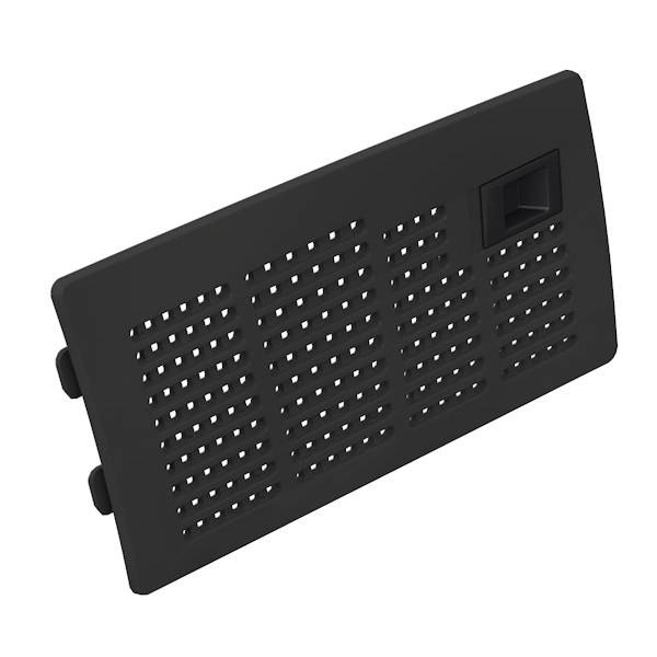 Couvre-ventilation rectangulaire noir perforé avec un petit curseur coulissant intégré sur le côté droit.