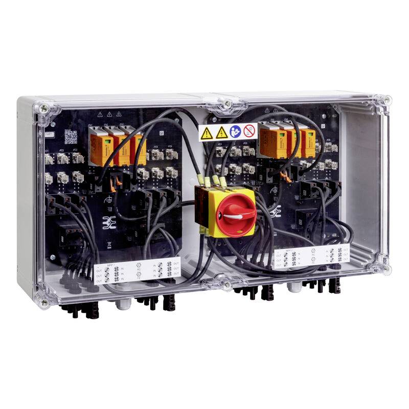 Boîte de distribution électrique industrielle fermée avec modules de circuits orange, étiquettes d'avertissement et plusieurs connexions de câbles en dessous.