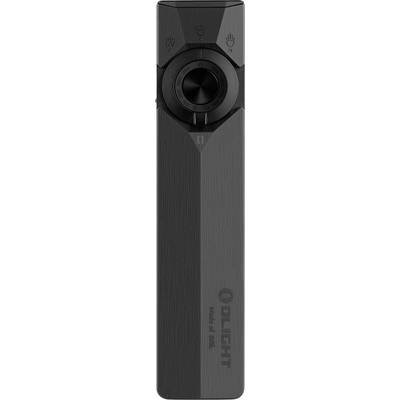 Lampe de poche OLIGHT noire avec une grande lentille circulaire et des boutons de commande en haut, présentée verticalement sur un fond neutre.