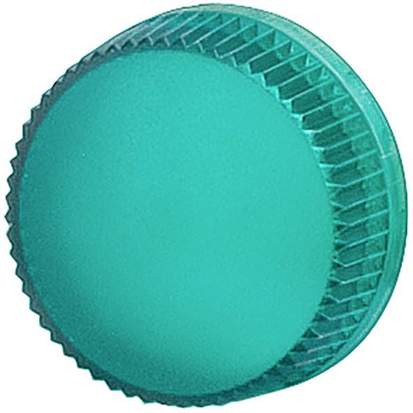 Bouchon de bouteille en plastique rond de couleur sarcelle avec des côtés nervurés, présenté sur un fond blanc.