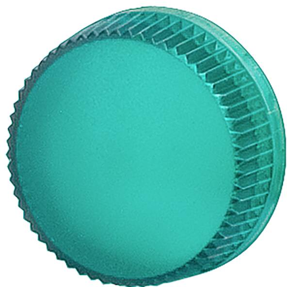 Bouchon de bouteille en plastique rond de couleur bleu-vert avec un côté nervuré, présenté sur un fond blanc uni.