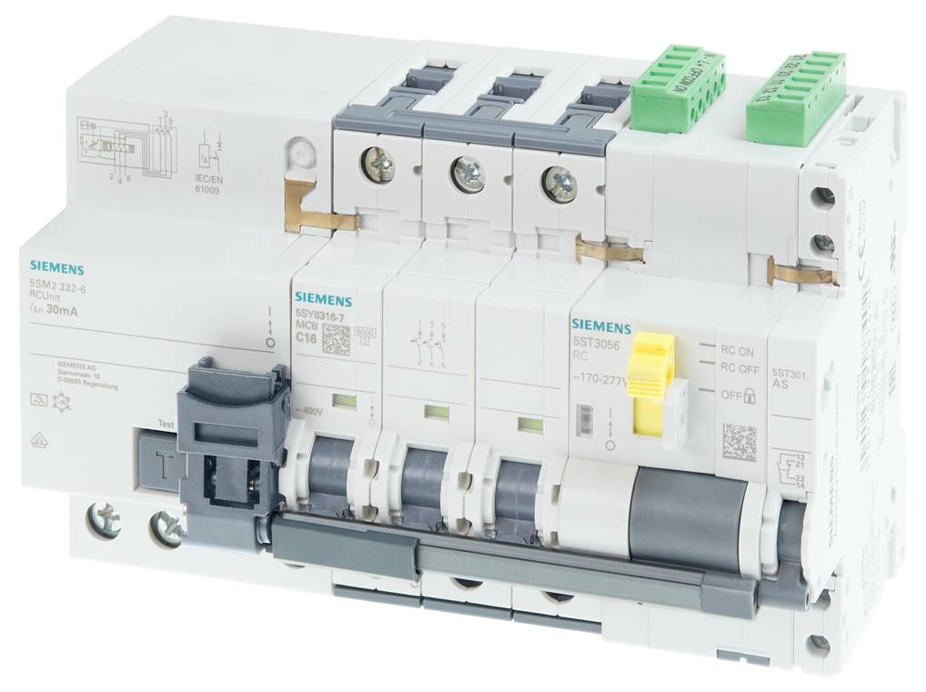 Un module disjoncteur électrique Siemens avec plusieurs commutateurs et bornes, présenté dans un boîtier industriel blanc sur un fond uni.